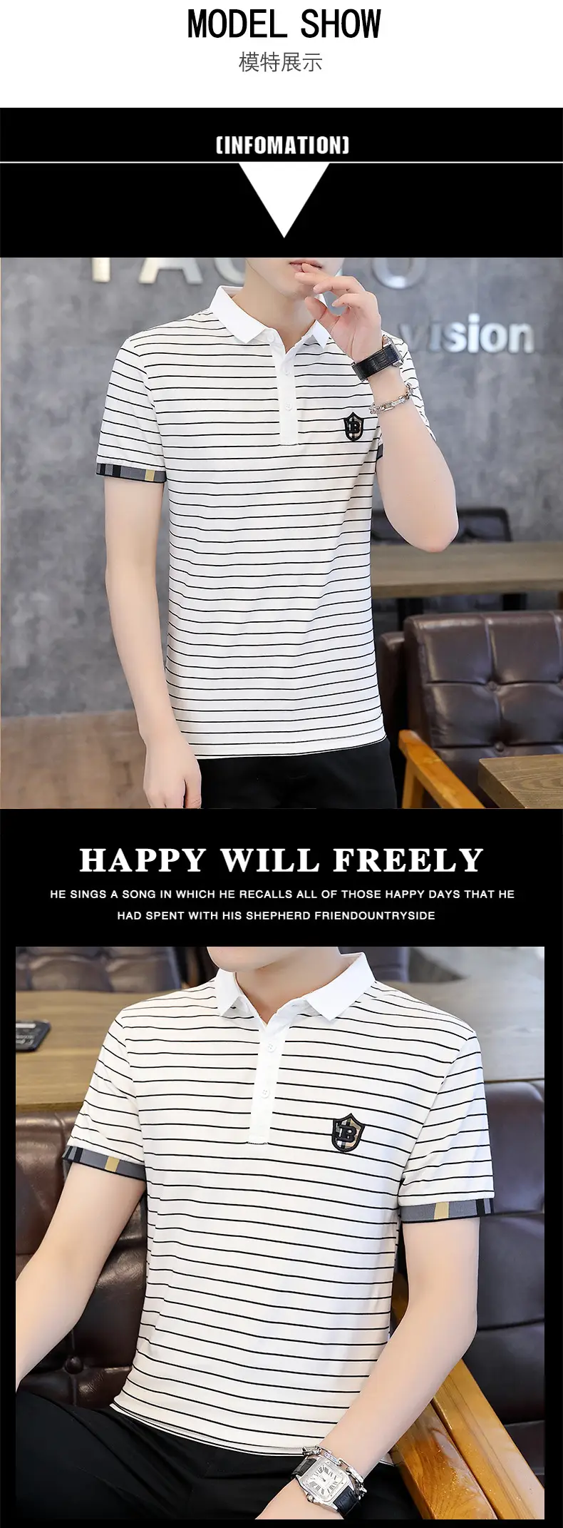 Men Striped Cotton T-Shirt Black White Short Sleeve — feature 16