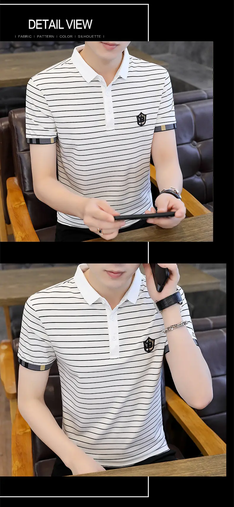 Men Striped Cotton T-Shirt Black White Short Sleeve — feature 17