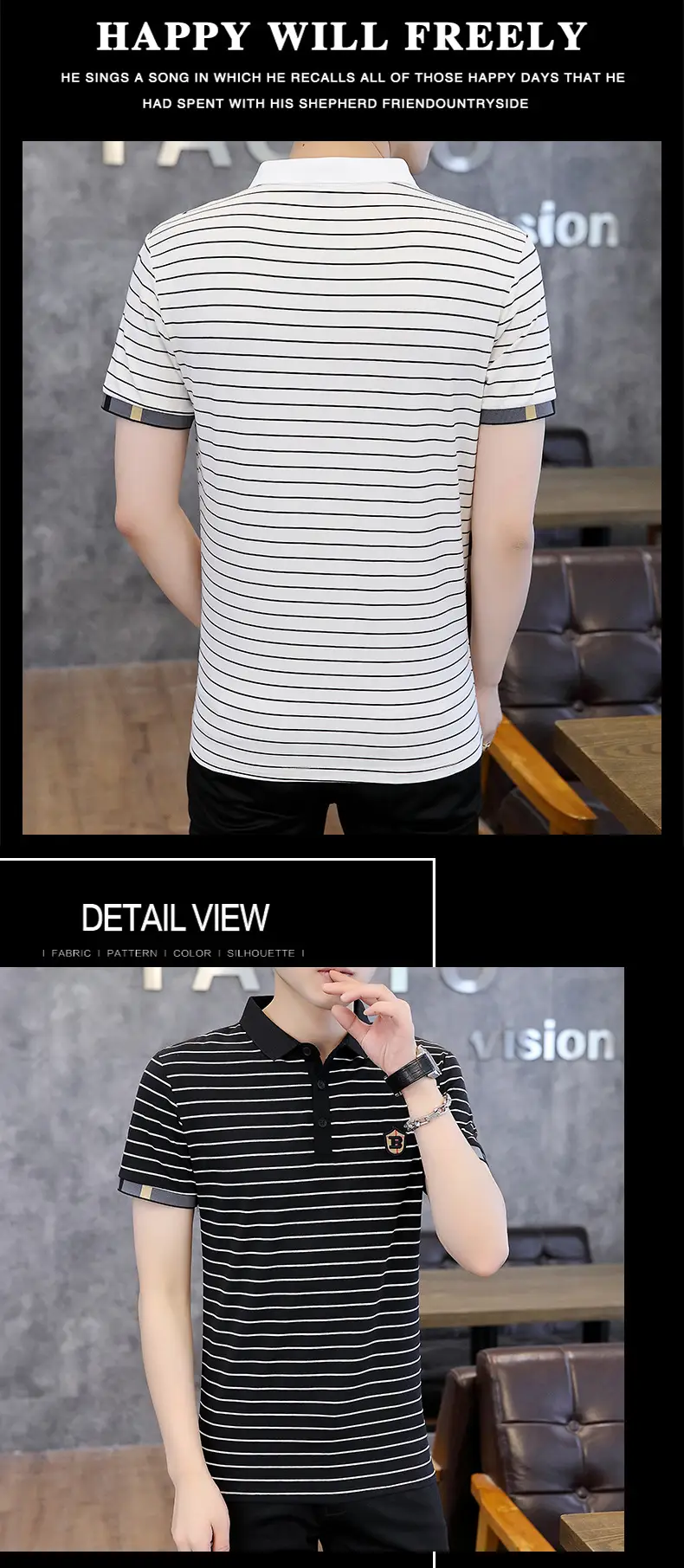 Men Striped Cotton T-Shirt Black White Short Sleeve — feature 18
