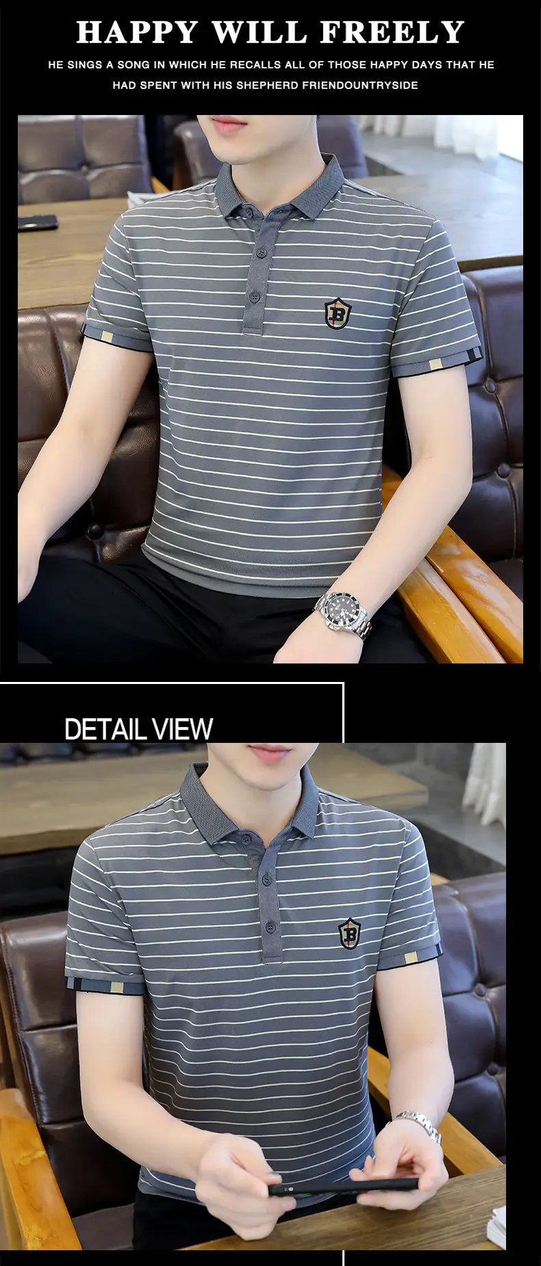 Men Striped Cotton T-Shirt Black White Short Sleeve — feature 21