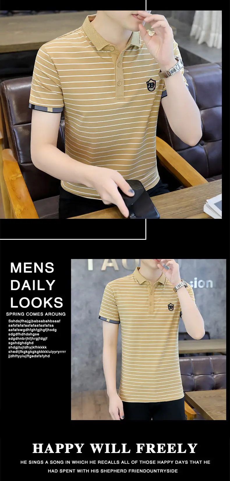 Men Striped Cotton T-Shirt Black White Short Sleeve — feature 4
