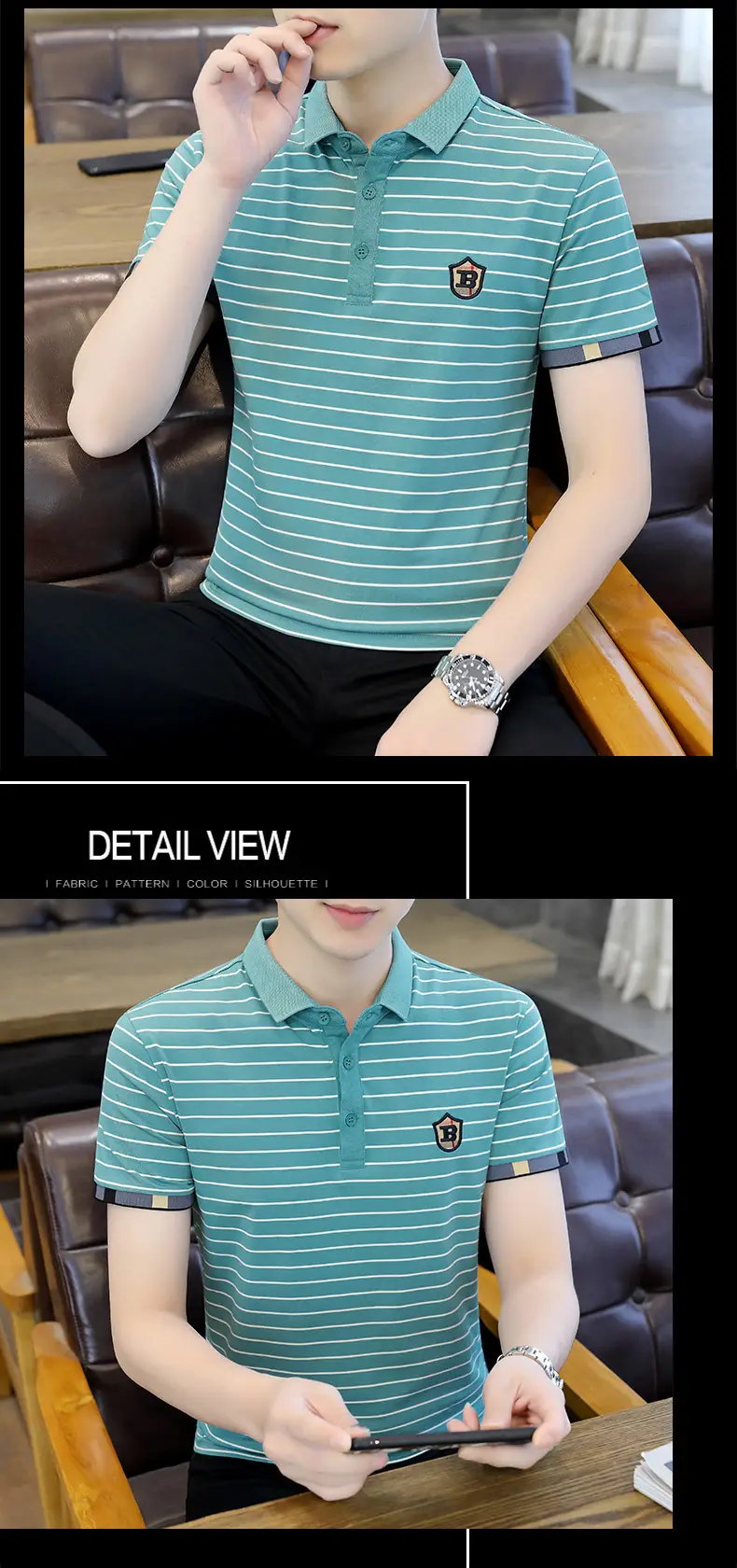 Men Striped Cotton T-Shirt Black White Short Sleeve — feature 6