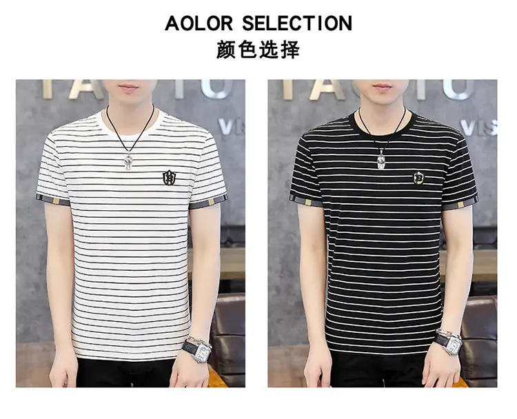 Men Striped Cotton T-Shirt Black White Short Sleeve — feature 7