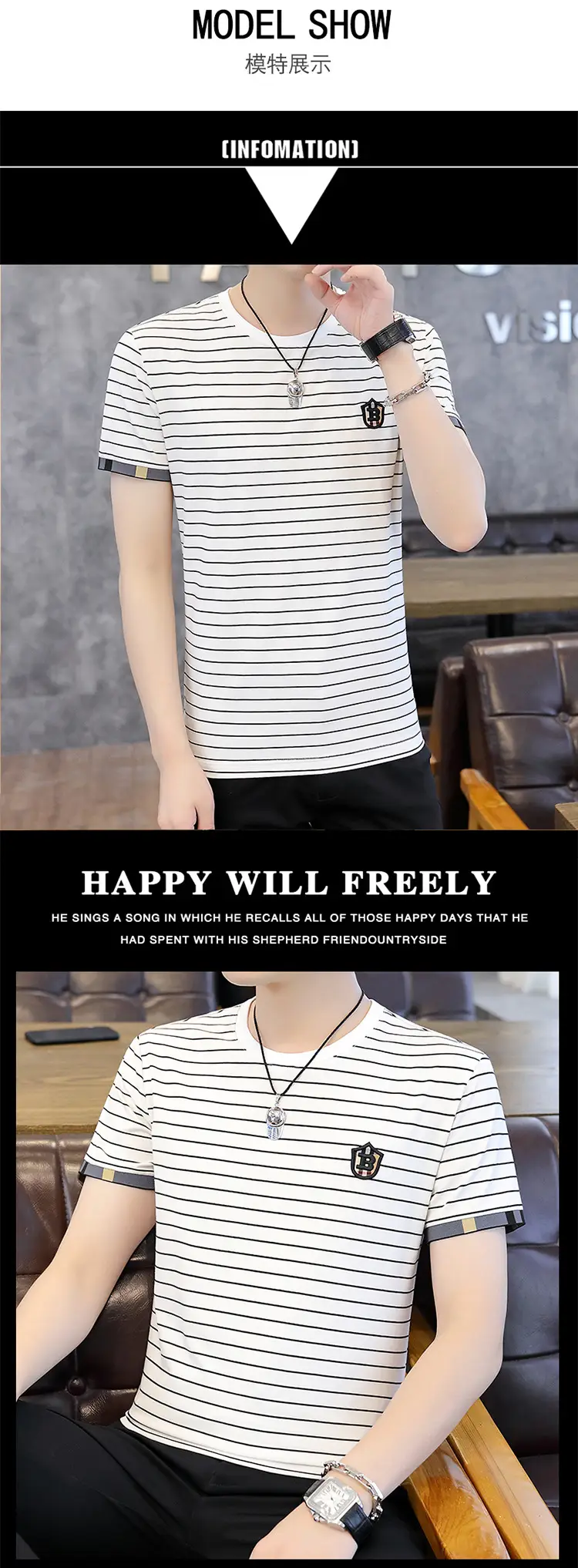 Men Striped Cotton T-Shirt Black White Short Sleeve — feature 9
