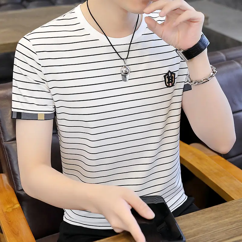 Men Striped Cotton T-Shirt Black White Short Sleeve - Image 2