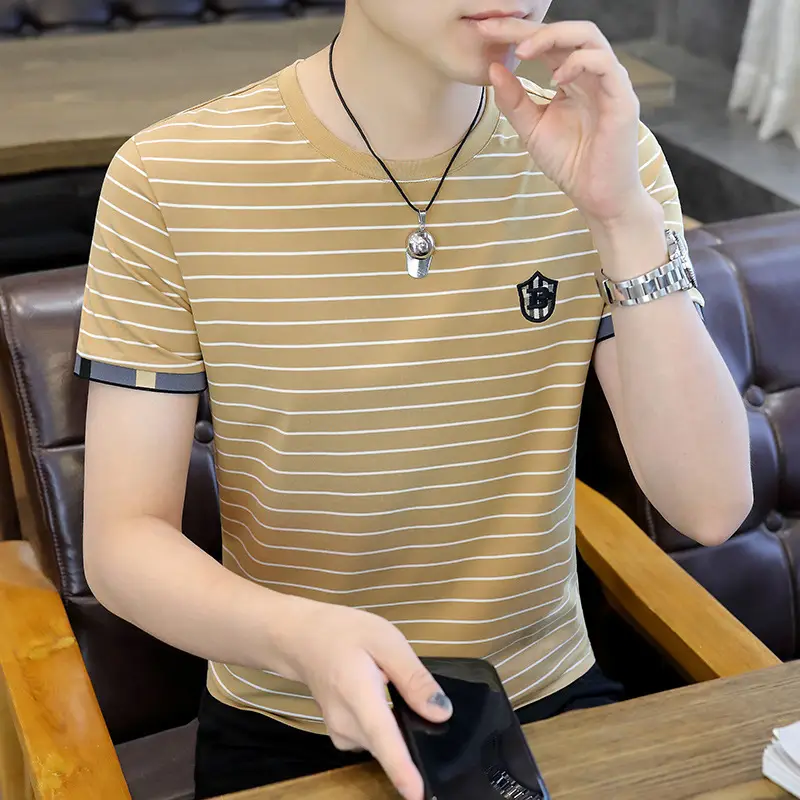 Men Striped Cotton T-Shirt Black White Short Sleeve - Image 3