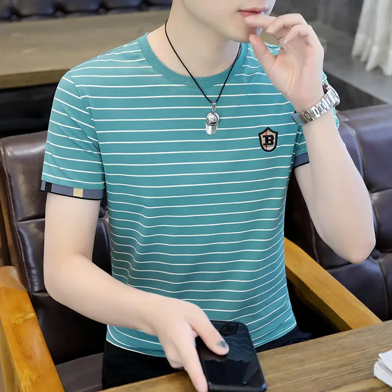 Men Striped Cotton T-Shirt Black White Short Sleeve - Image 4