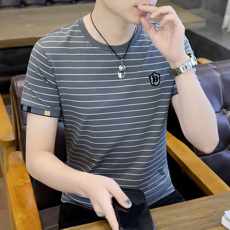 Men Striped Cotton T-Shirt Black White Short Sleeve - Image 5