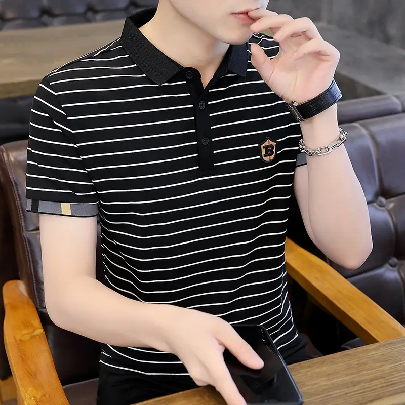 Men Striped Cotton T-Shirt Black White Short Sleeve - Image 6