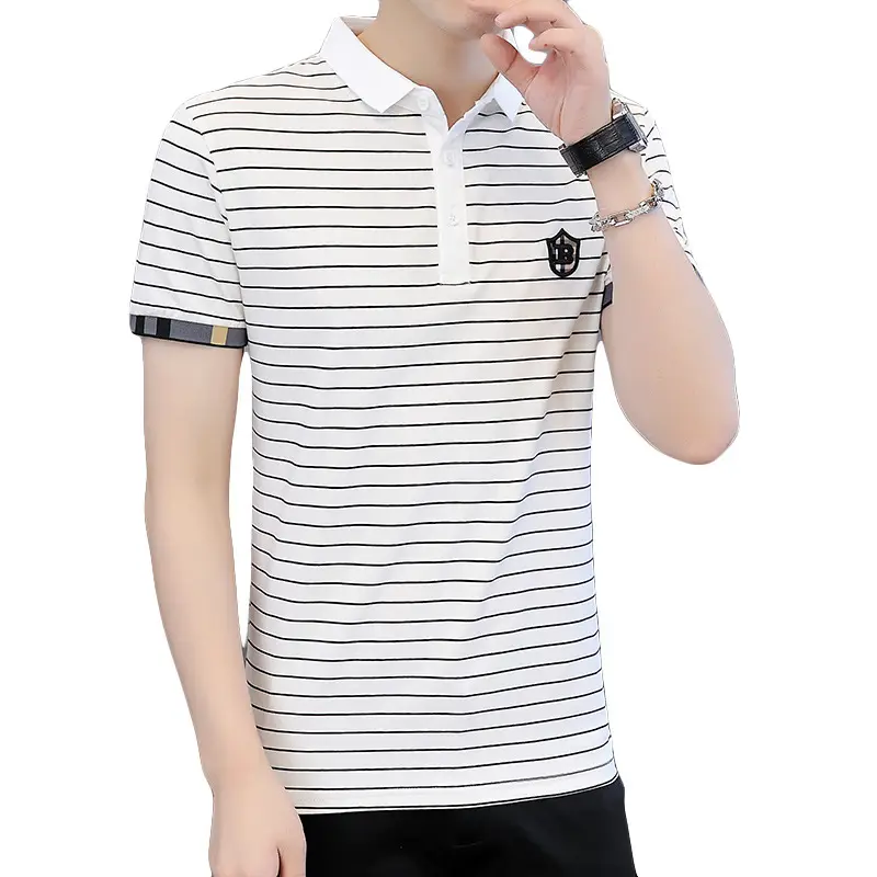 Men Striped Cotton T-Shirt Black White Short Sleeve - Image 7