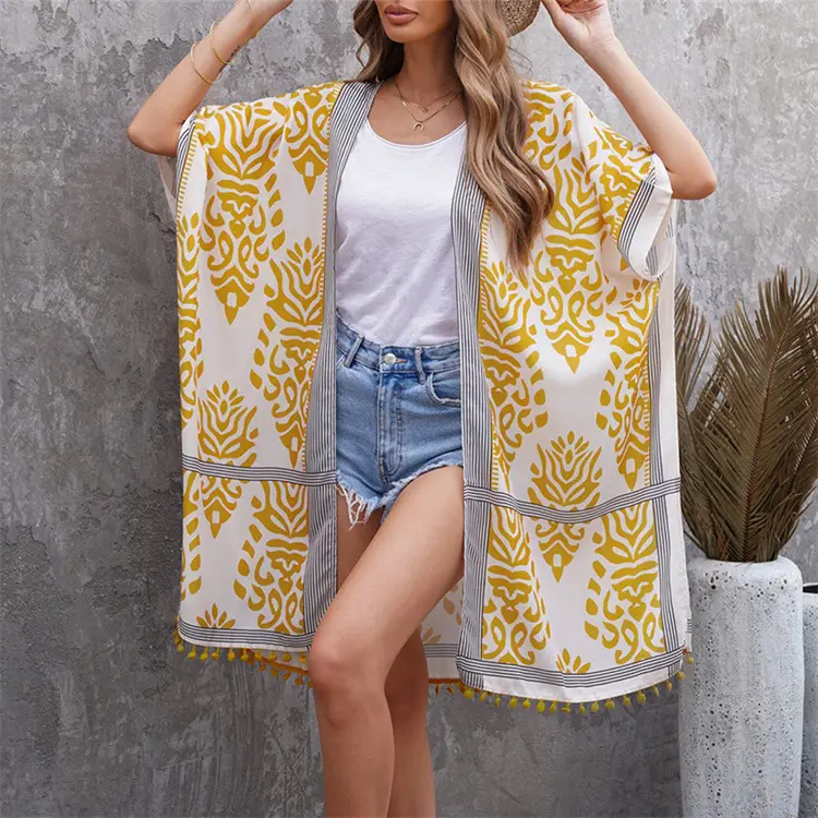 Women's Blue White Printed Cardigan Tassel Mid Length
