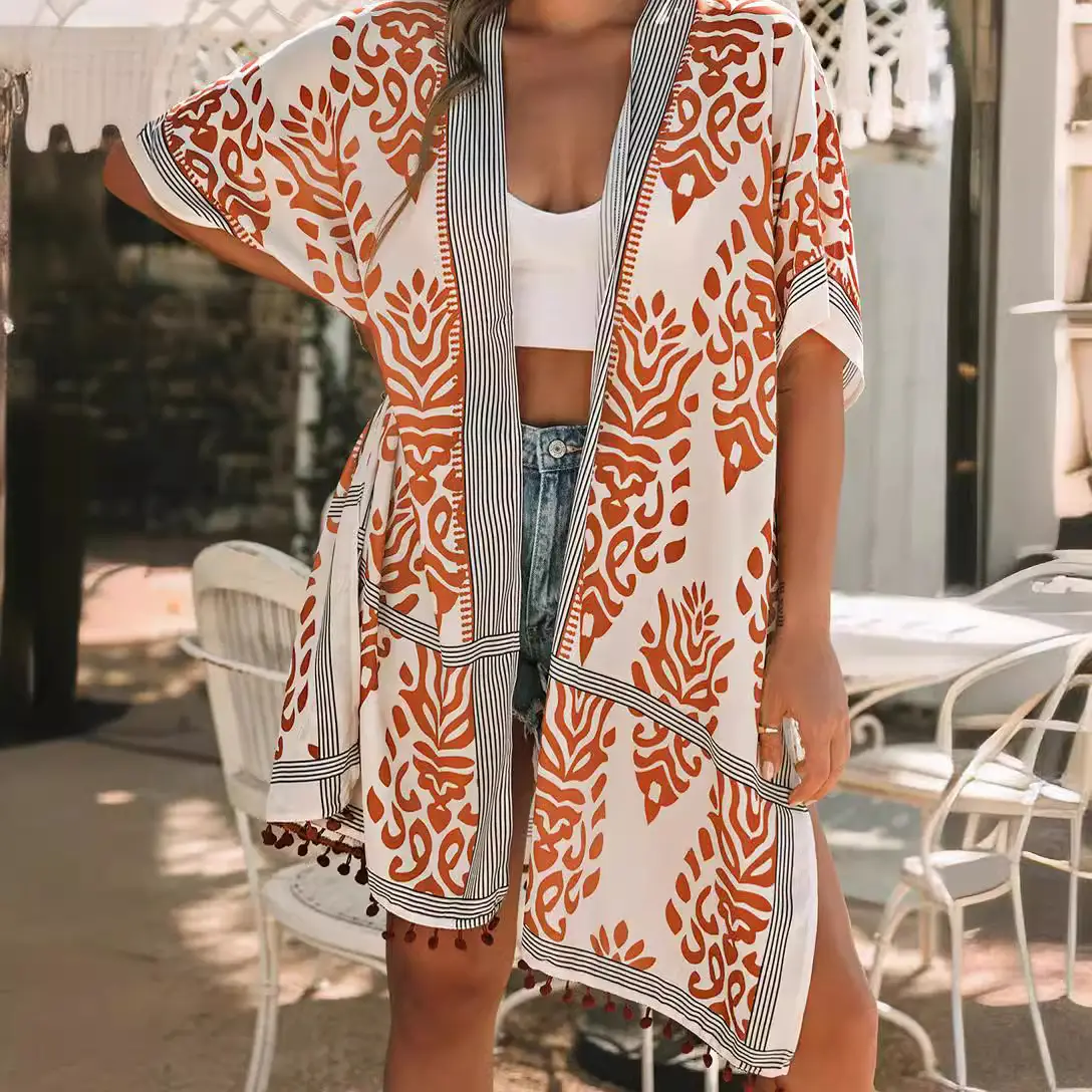 Women's Blue White Printed Cardigan Tassel Mid Length