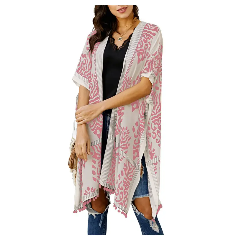 Women's Blue White Printed Cardigan Tassel Mid Length