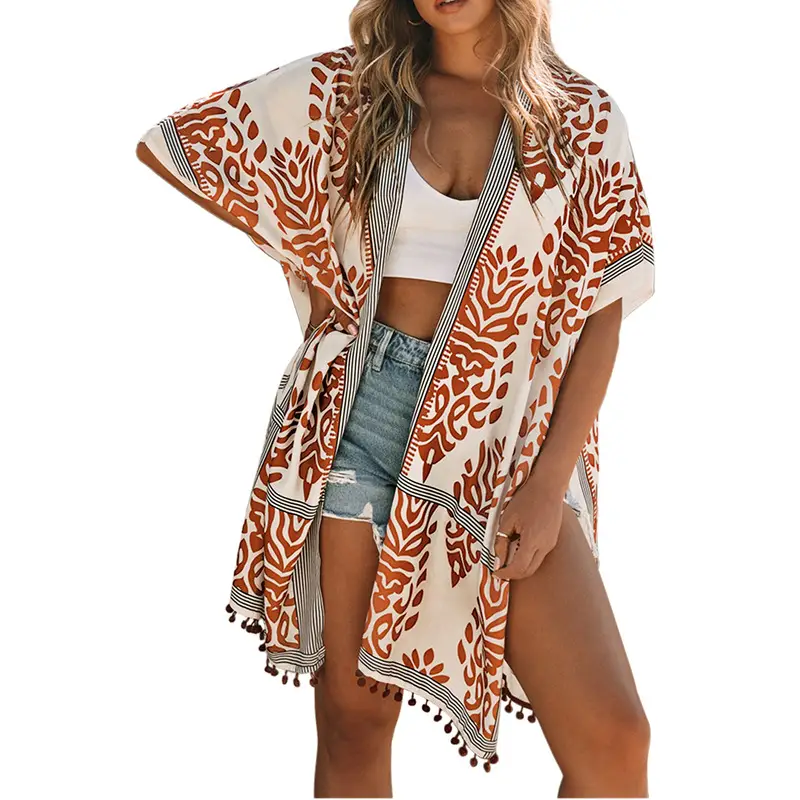 Women's Blue White Printed Cardigan Tassel Mid Length