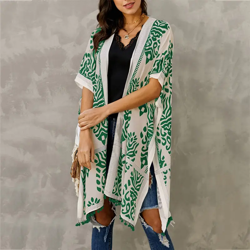 Women's Blue White Printed Cardigan Tassel Mid Length