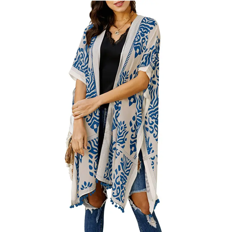 Women's Blue White Printed Cardigan Tassel Mid Length