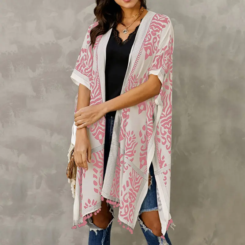 Women's Blue White Printed Cardigan Tassel Mid Length
