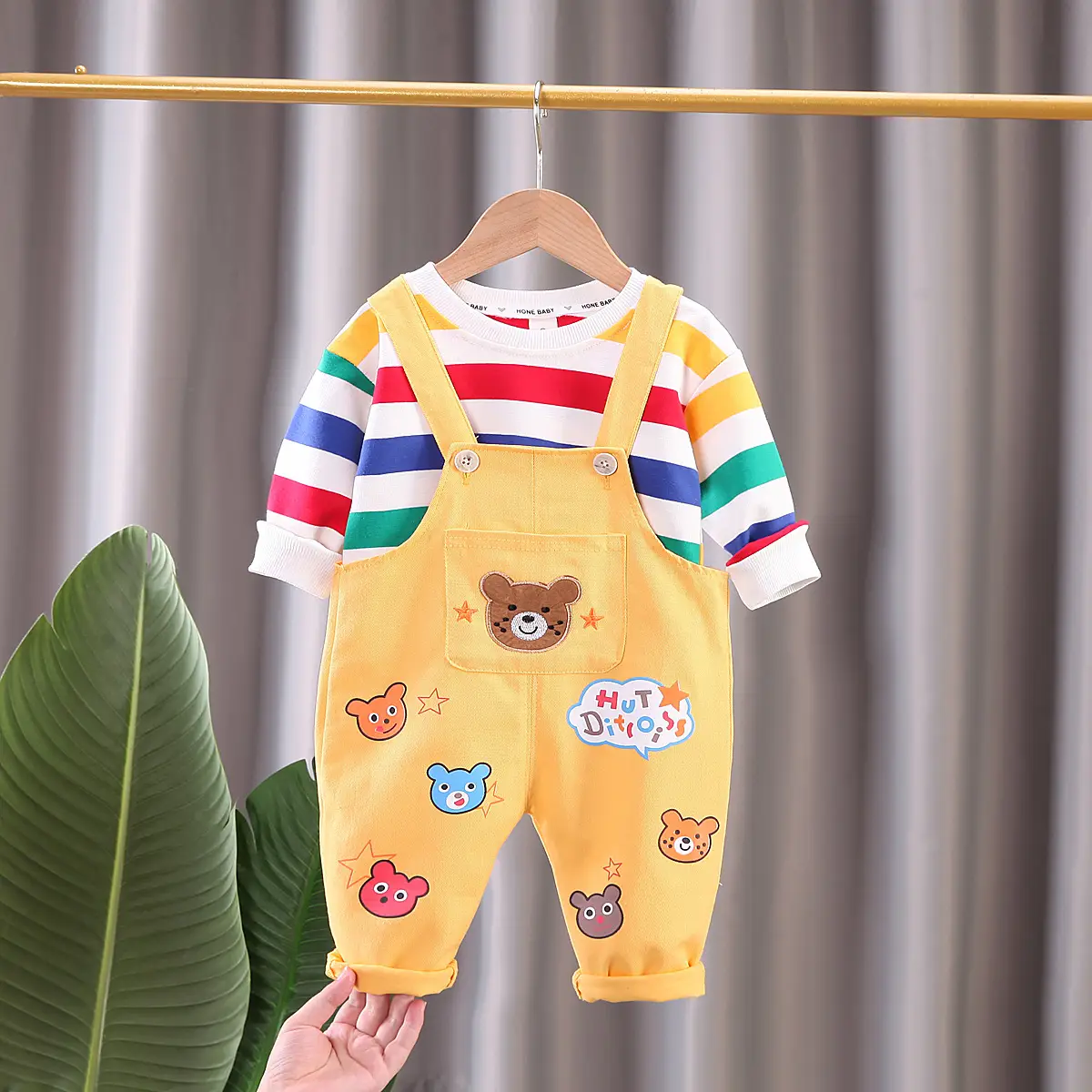 Baby Cartoon Suspenders Set Yellow White Newborn Kids Clothing - Image 2