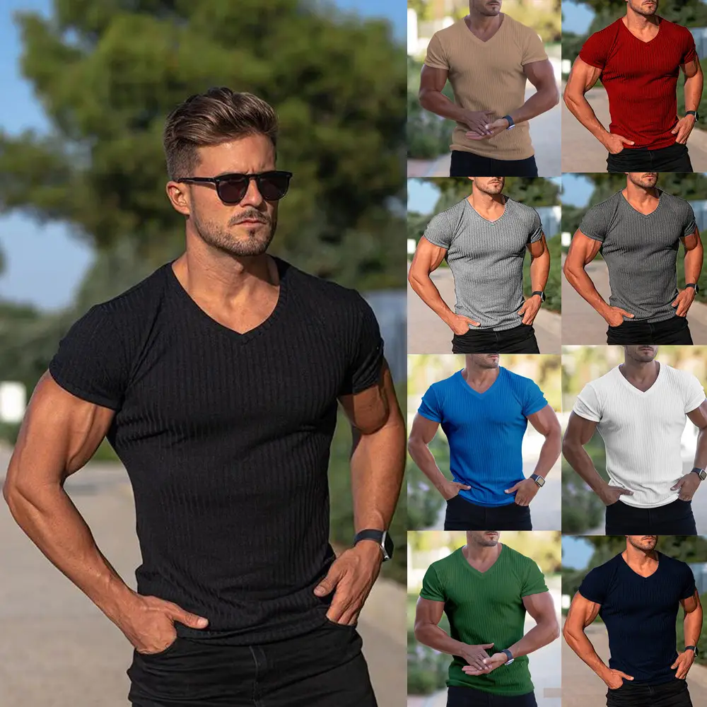Men's Gray Ribbed V-Neck Shorts Sleeve Summer Wear - Image 9