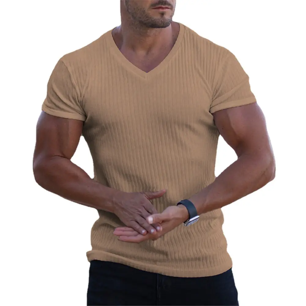 Men's Gray Ribbed V-Neck Shorts Sleeve Summer Wear - Image 10