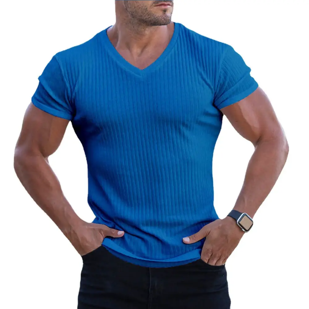 Men's Gray Ribbed V-Neck Shorts Sleeve Summer Wear - Image 11
