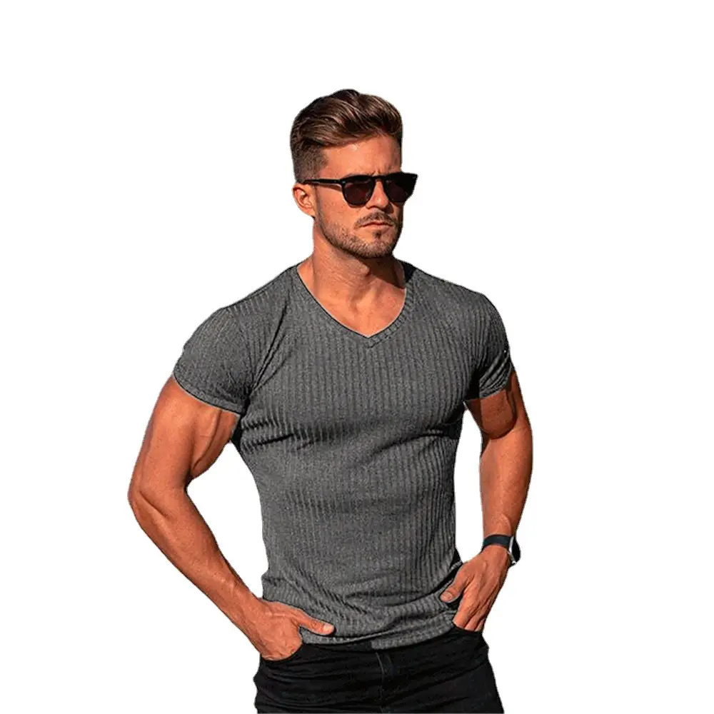 Men's Gray Ribbed V-Neck Shorts Sleeve Summer Wear - Image 12