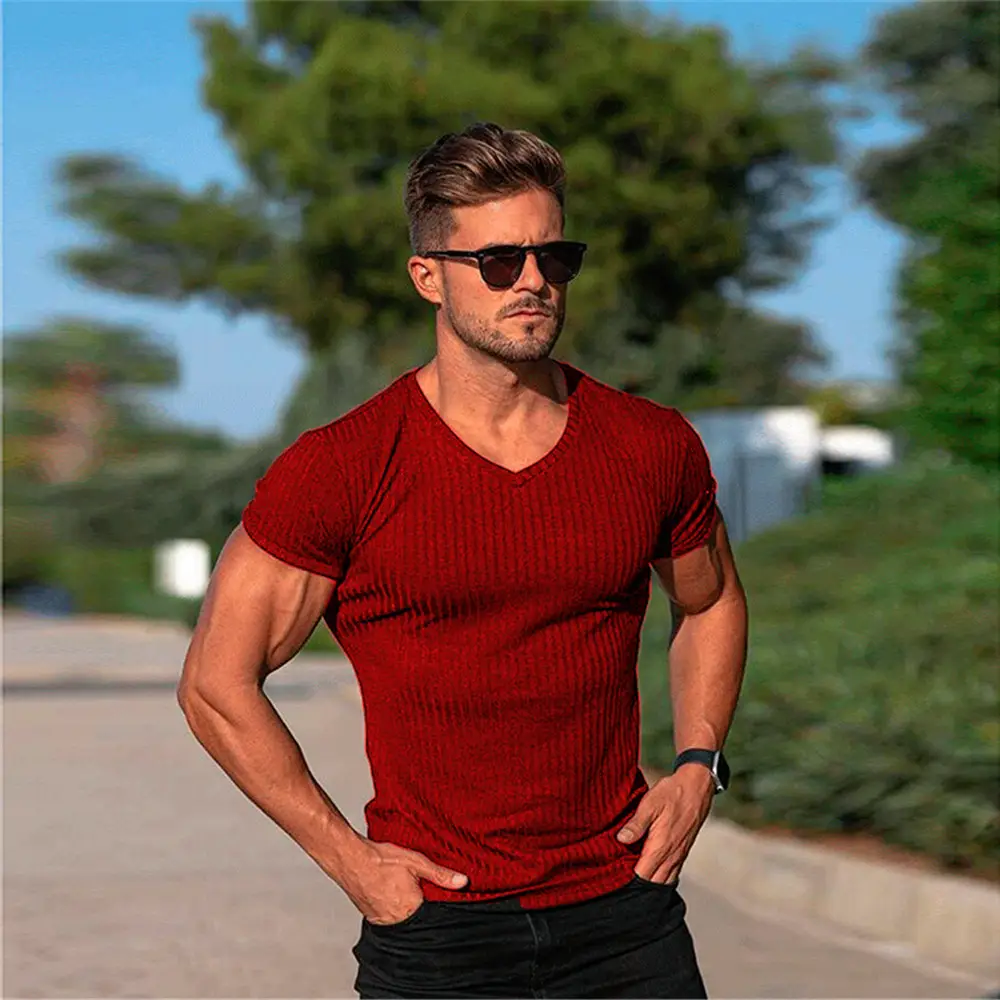 Men's Gray Ribbed V-Neck Shorts Sleeve Summer Wear - Image 2
