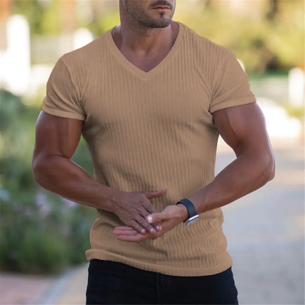 Men's Gray Ribbed V-Neck Shorts Sleeve Summer Wear - Image 3
