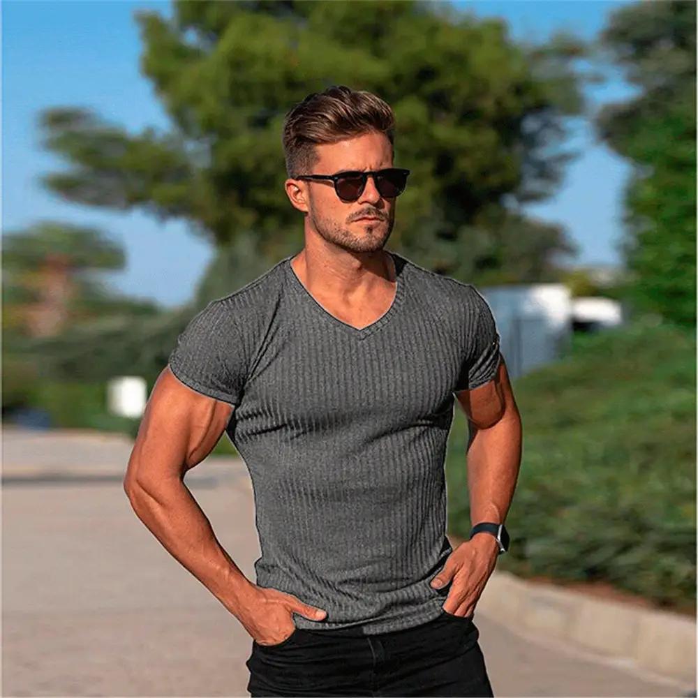 Men's Gray Ribbed V-Neck Shorts Sleeve Summer Wear - Image 7
