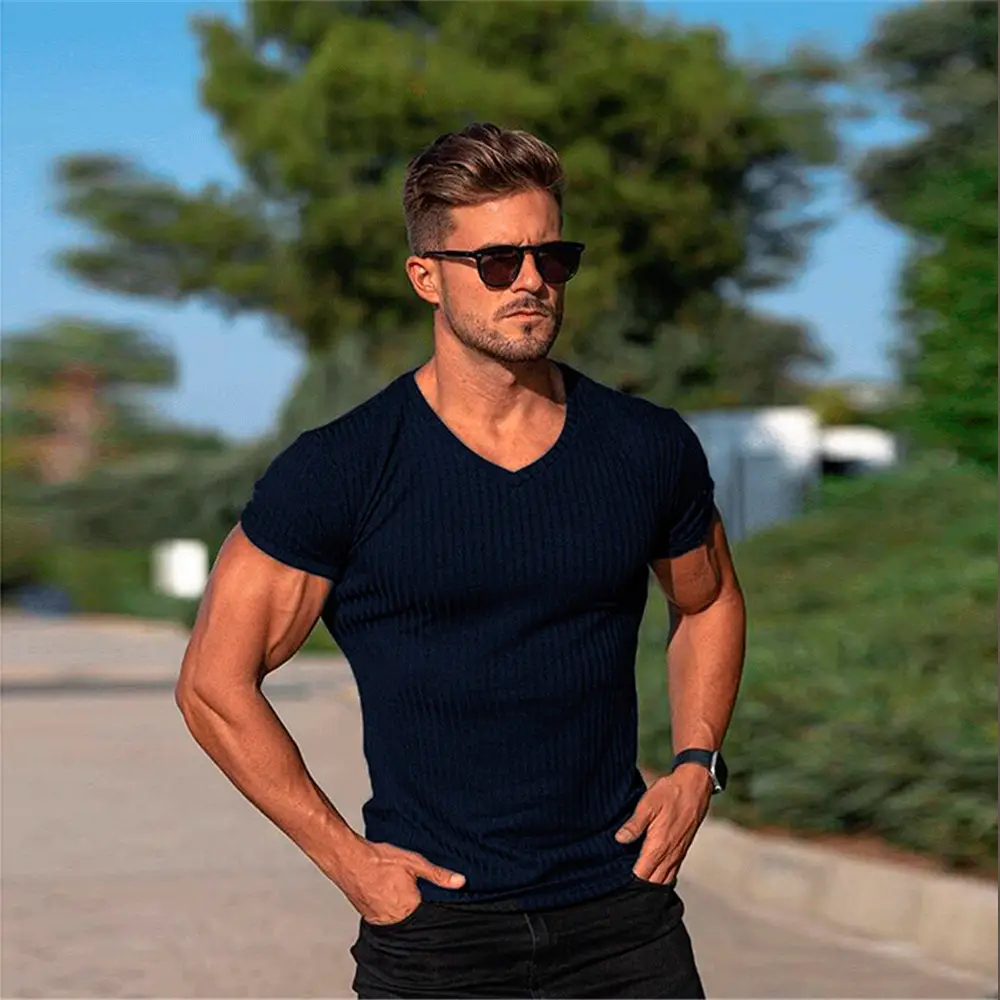 Men's Gray Ribbed V-Neck Shorts Sleeve Summer Wear - Image 8