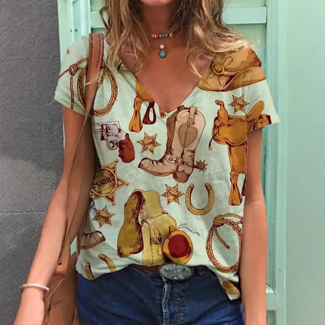 Women Retro Western Denim Print V Neck T-Shirt Green