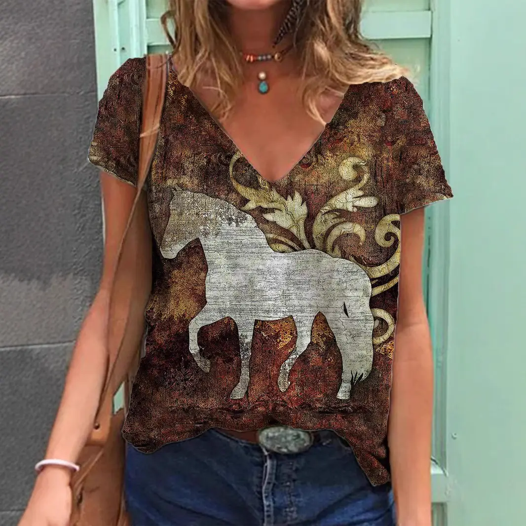 Women Retro Western Denim Print V Neck T-Shirt Green