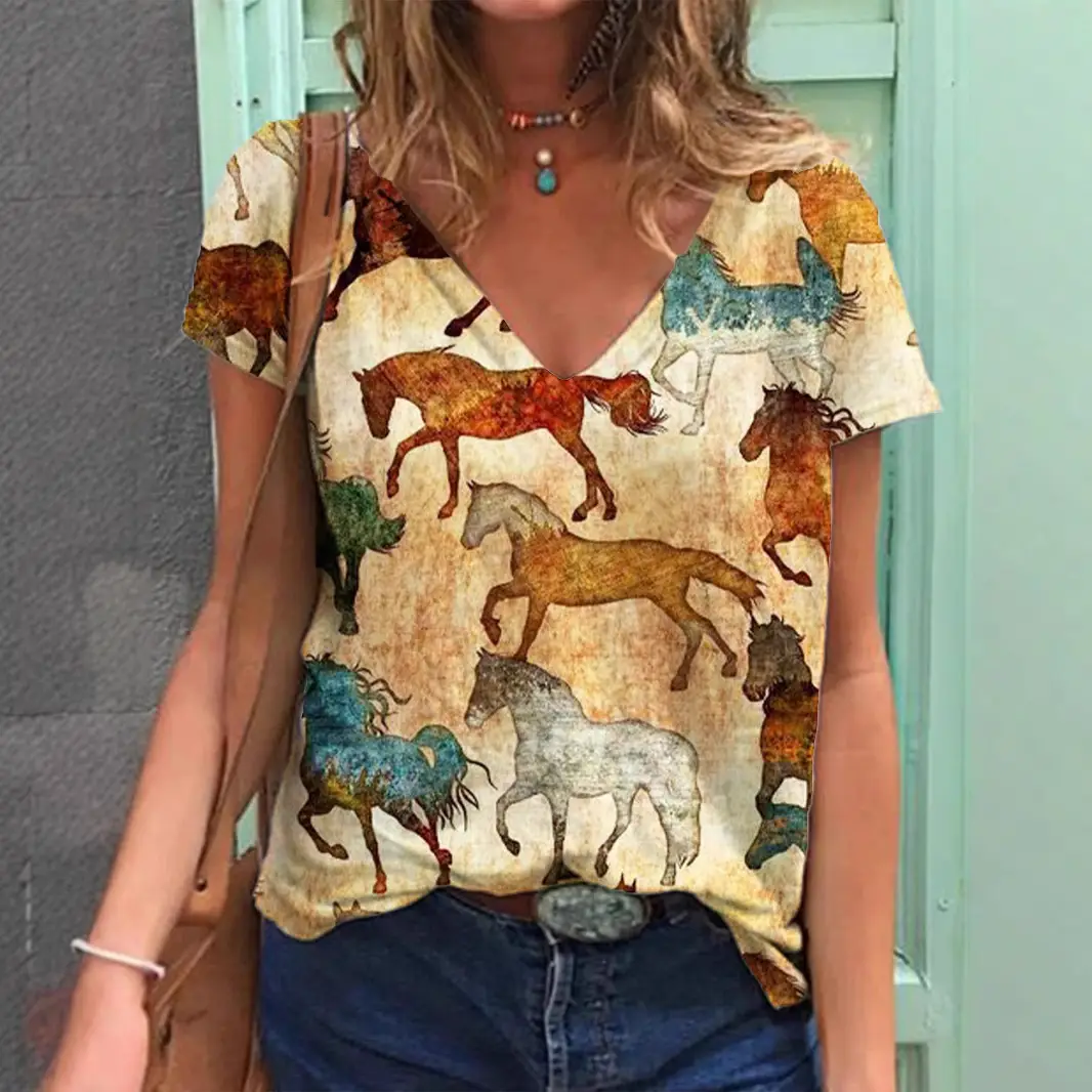 Women Retro Western Denim Print V Neck T-Shirt Green