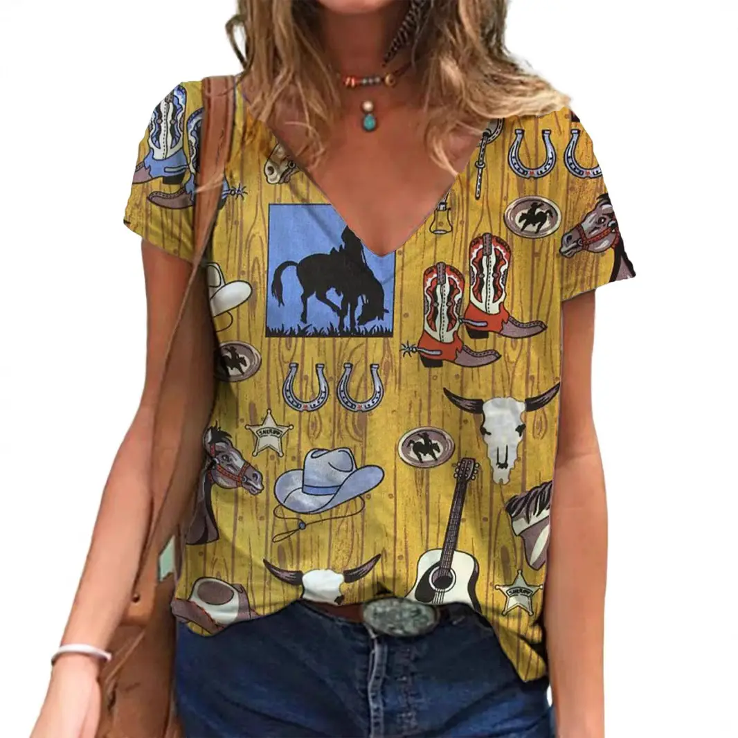 Women Retro Western Denim Print V Neck T-Shirt Green