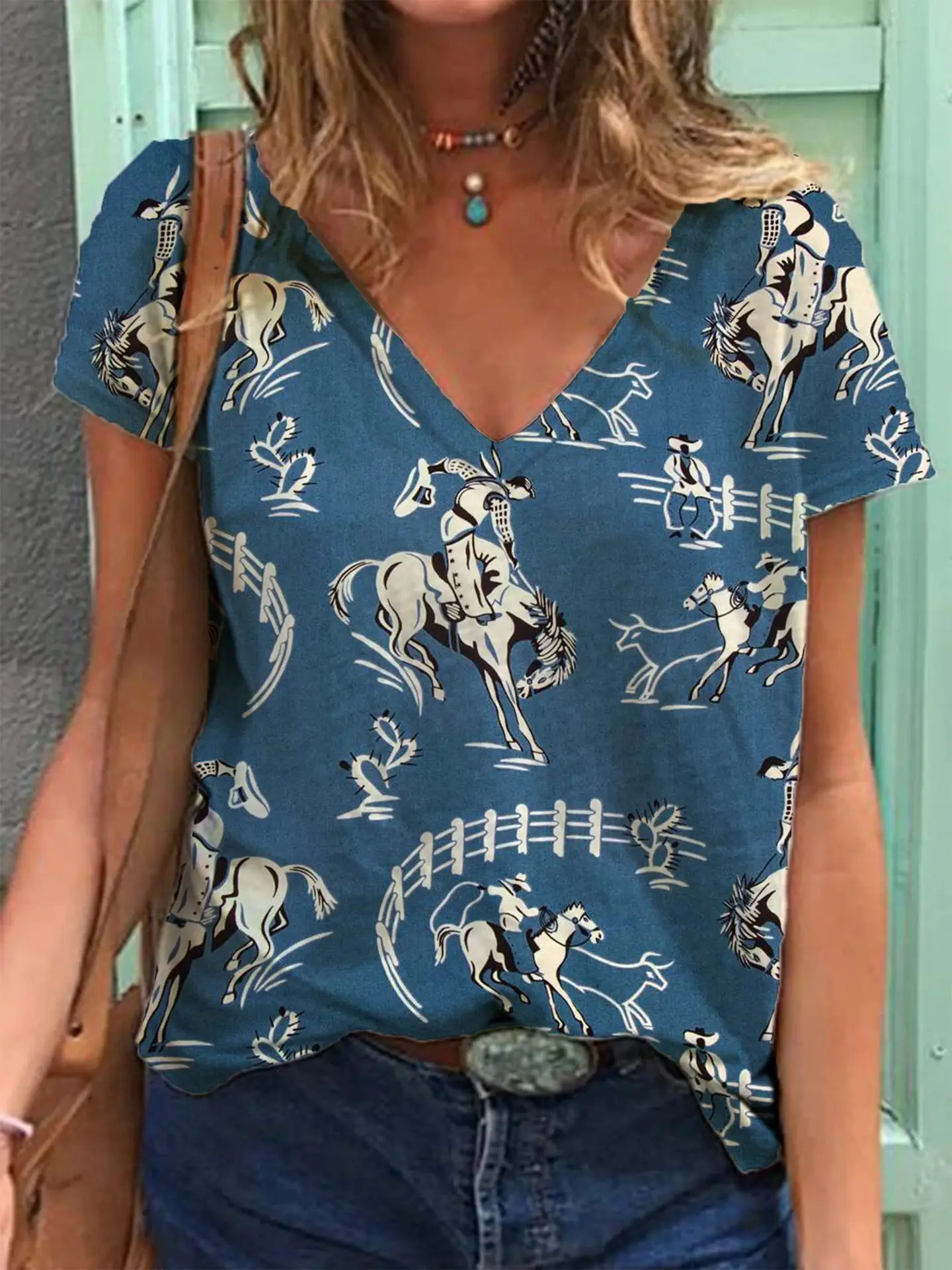 Women Retro Western Denim Print V Neck T-Shirt Green