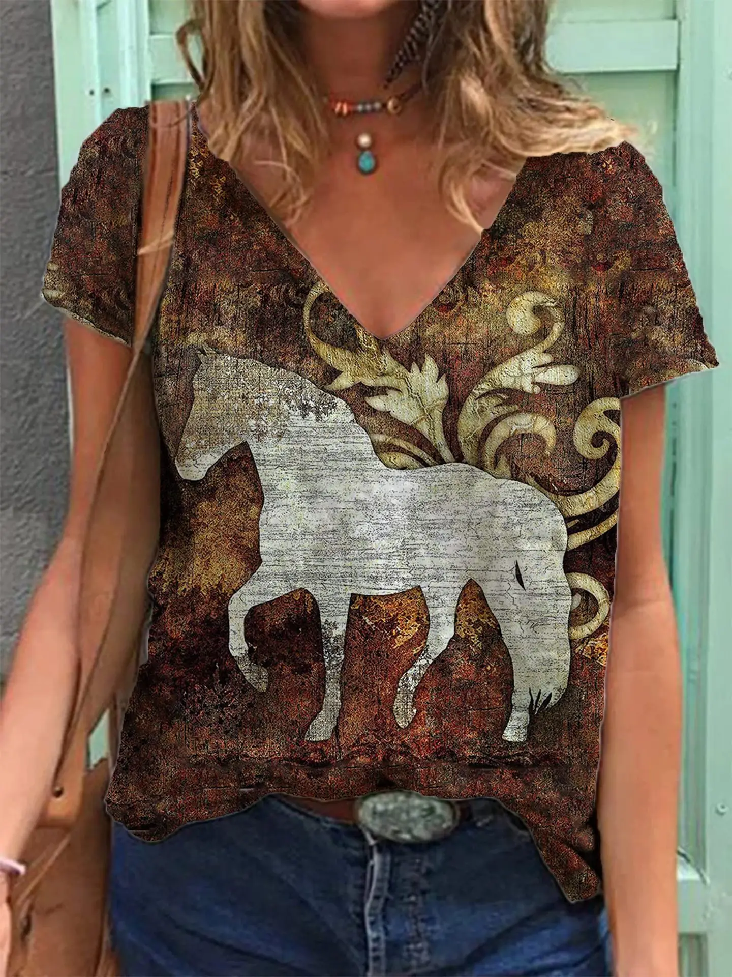 Women Retro Western Denim Print V Neck T-Shirt Green