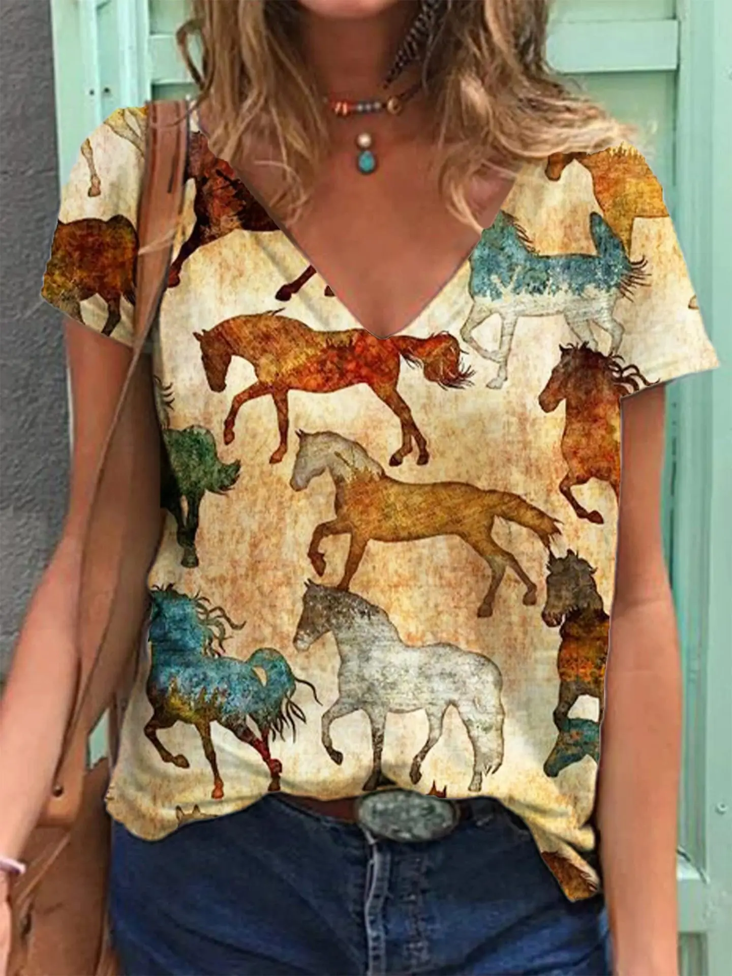 Women Retro Western Denim Print V Neck T-Shirt Green