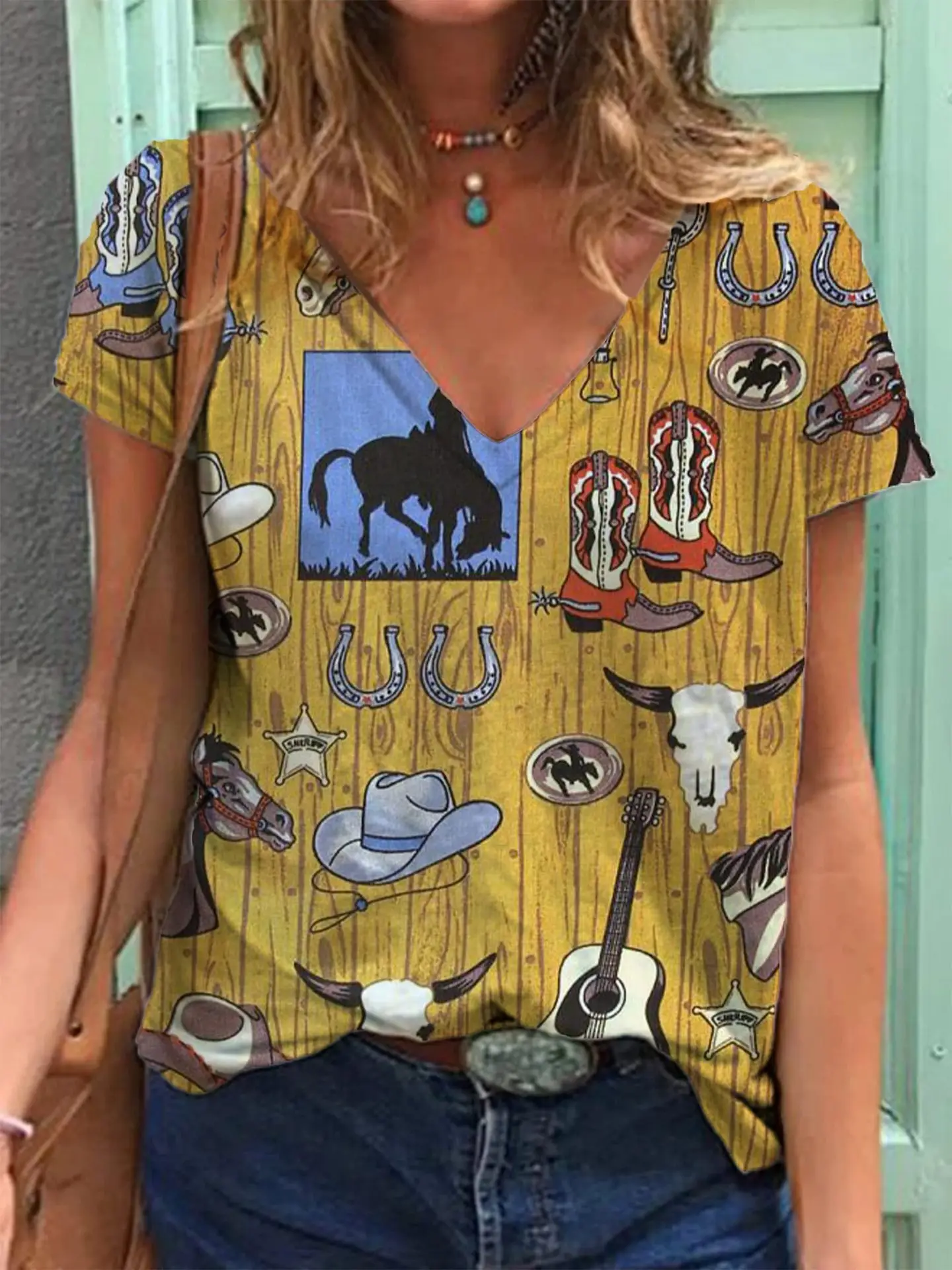 Women Retro Western Denim Print V Neck T-Shirt Green