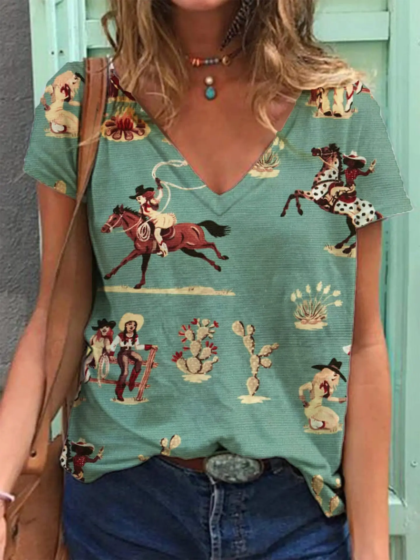 Women Retro Western Denim Print V Neck T-Shirt Green
