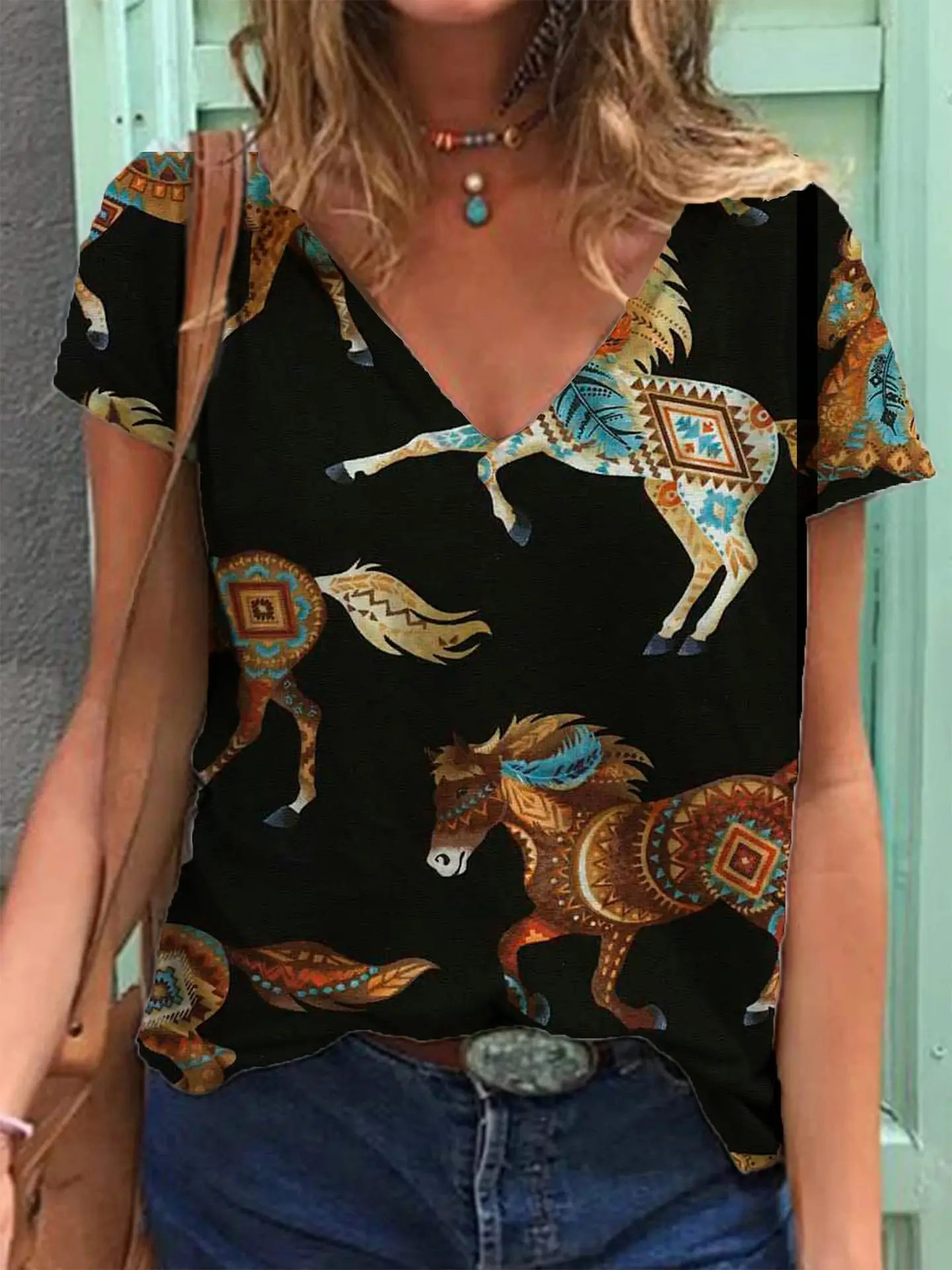 Women Retro Western Denim Print V Neck T-Shirt Green