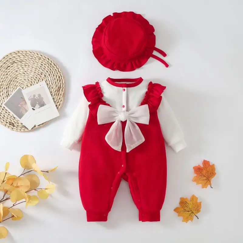 Baby Red Velvet Jumpsuit with Bow & Hat Set - Image 2
