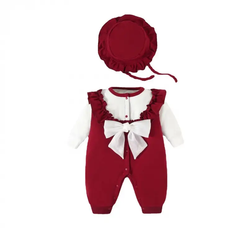 Baby Red Velvet Jumpsuit with Bow & Hat Set - Image 8