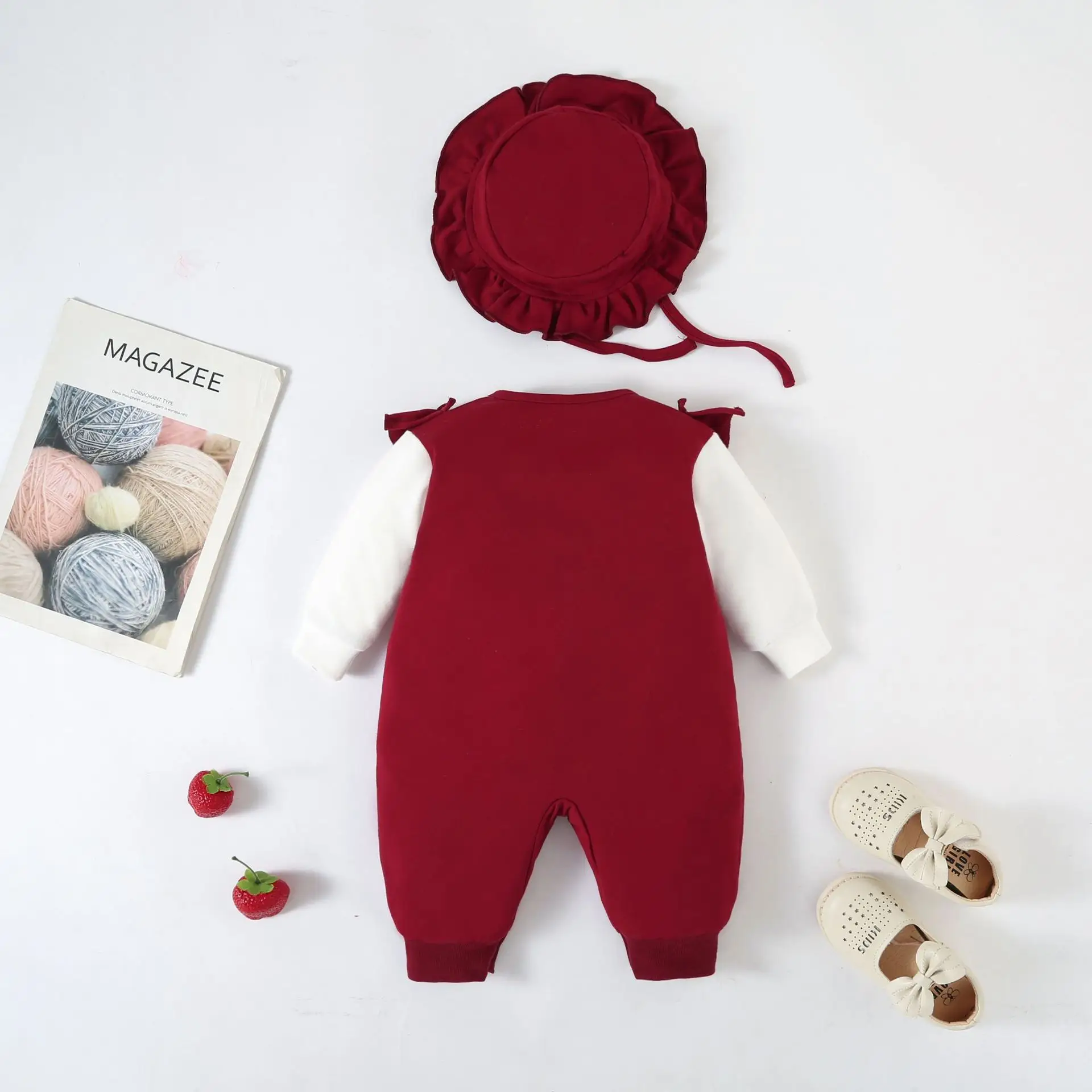 Baby Red Velvet Jumpsuit with Bow & Hat Set — feature 12