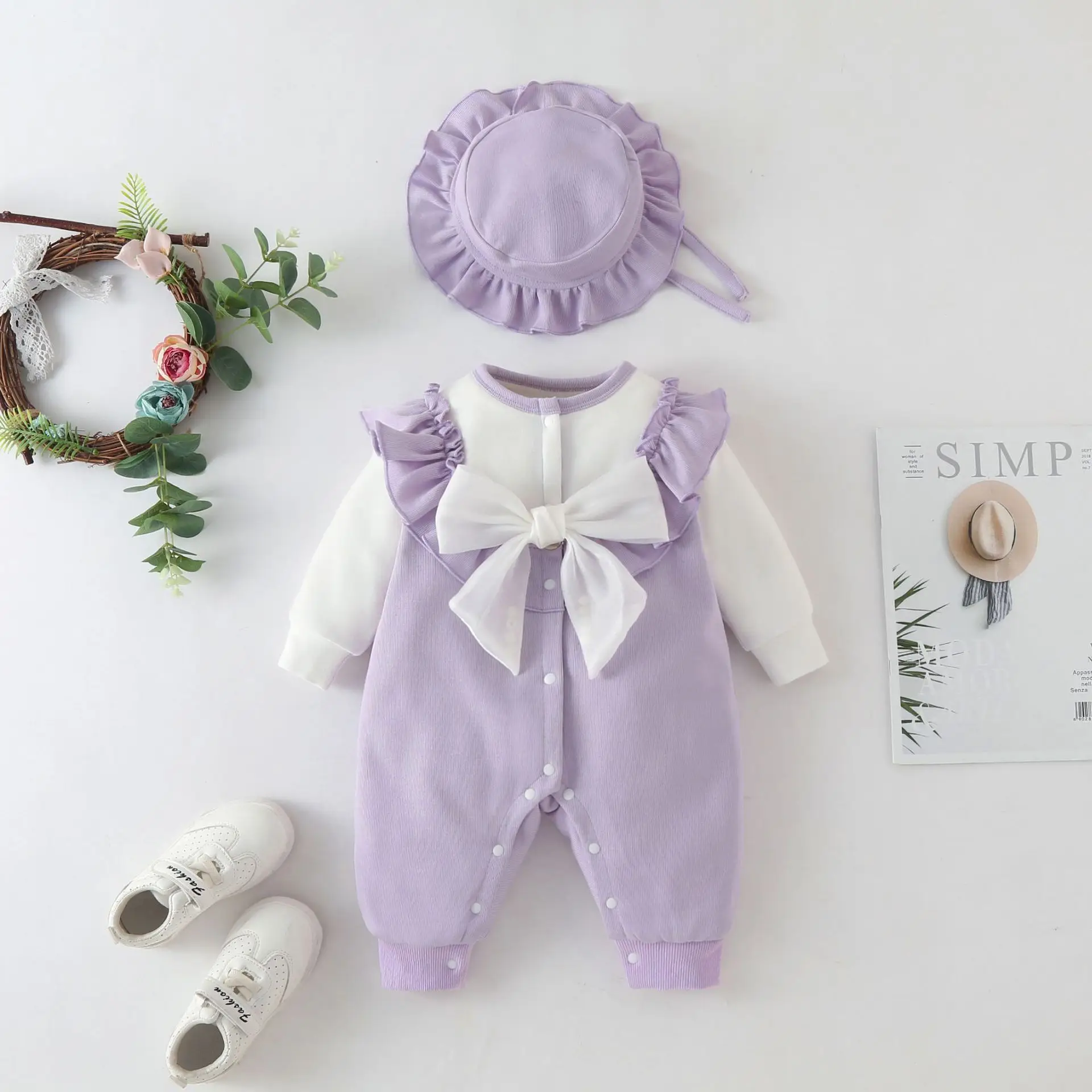Baby Red Velvet Jumpsuit with Bow & Hat Set — feature 3
