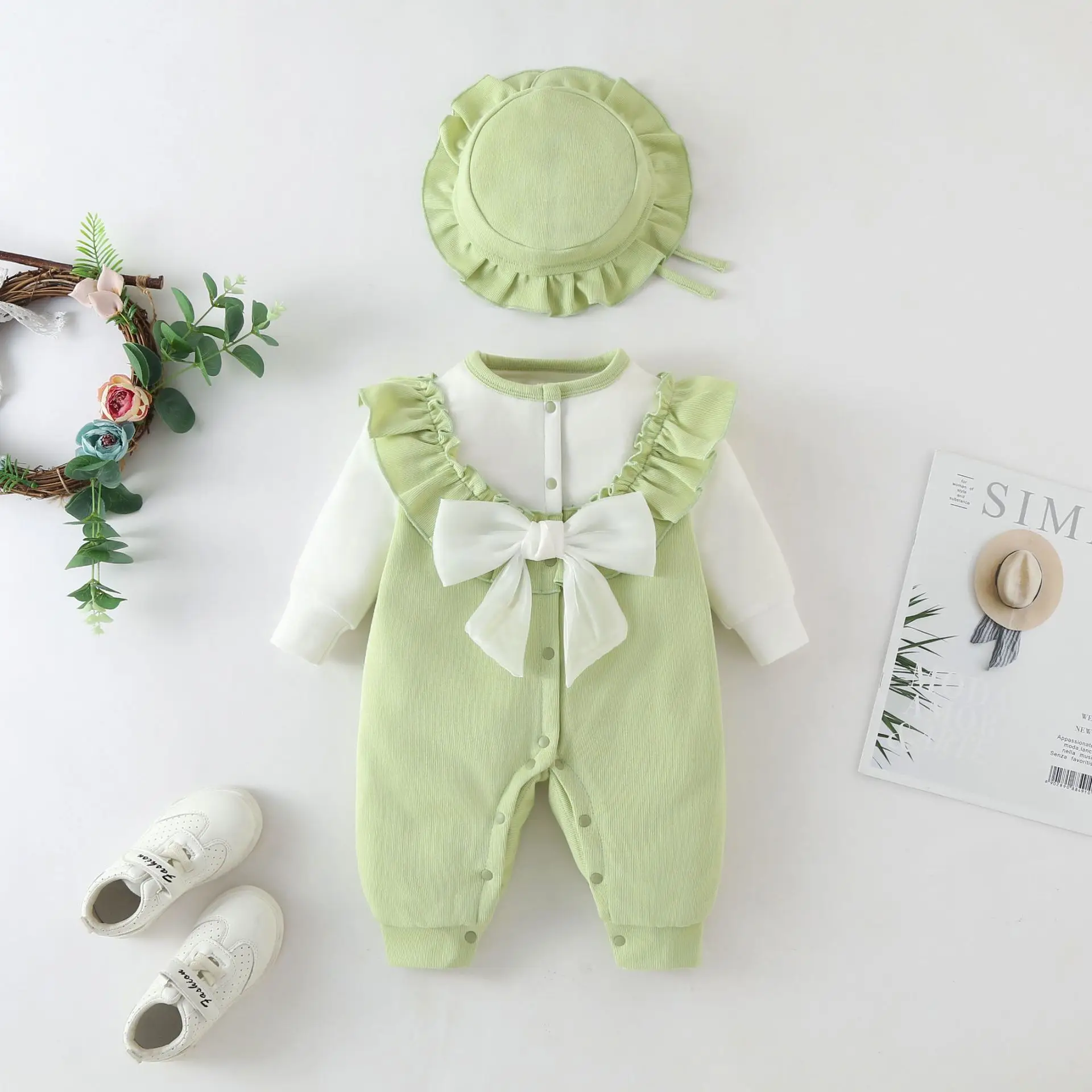 Baby Red Velvet Jumpsuit with Bow & Hat Set — feature 4