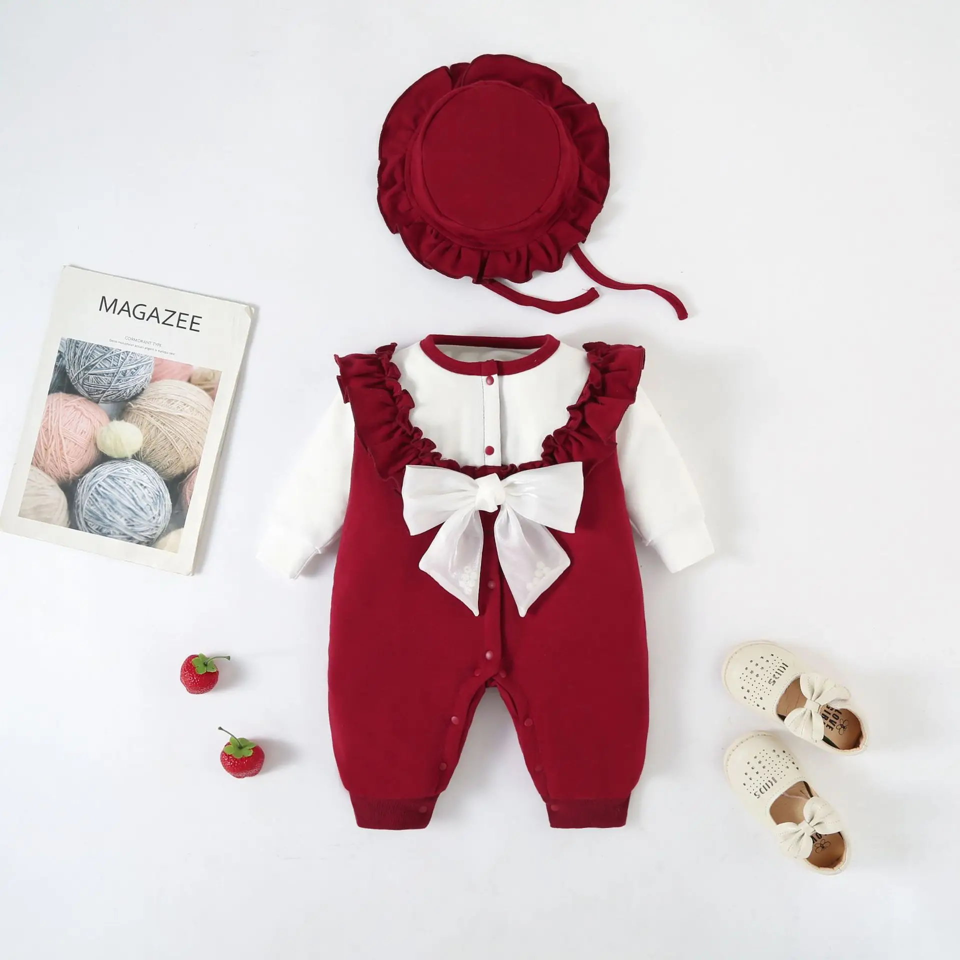 Baby Red Velvet Jumpsuit with Bow & Hat Set — feature 5