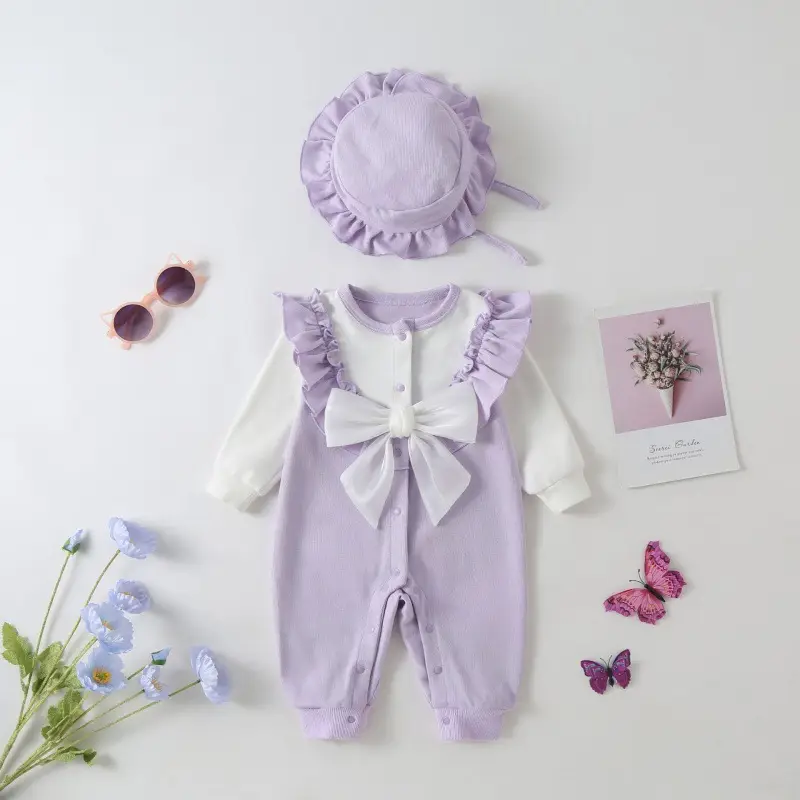 Baby Red Velvet Jumpsuit with Bow & Hat Set - Image 3