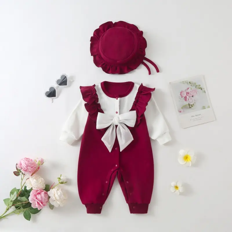 Baby Red Velvet Jumpsuit with Bow & Hat Set - Image 4