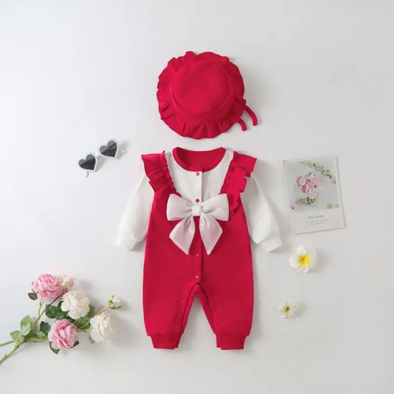 Baby Red Velvet Jumpsuit with Bow & Hat Set - Image 5