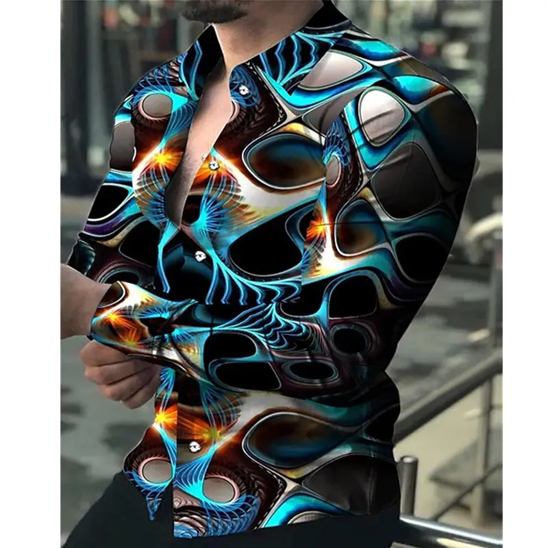3D Digital Printed Long Sleeve Men's Shirt Black - Image 13